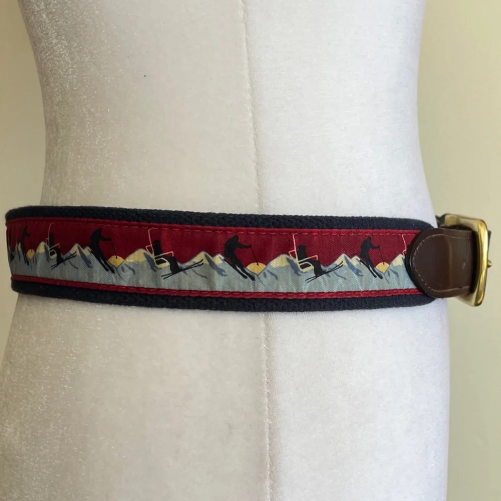 VINEYARD VINES Men's Ski Print Blue Brown Leather Canvas Belt Gold Buckle 30